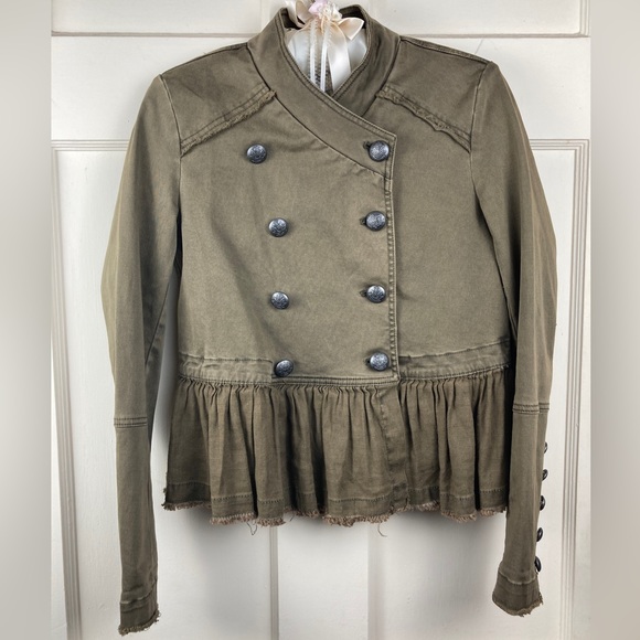 FREE PEOPLE Womens Olive Green Military Ruffle Hem Jacket Size XS - Picture 6 of 13